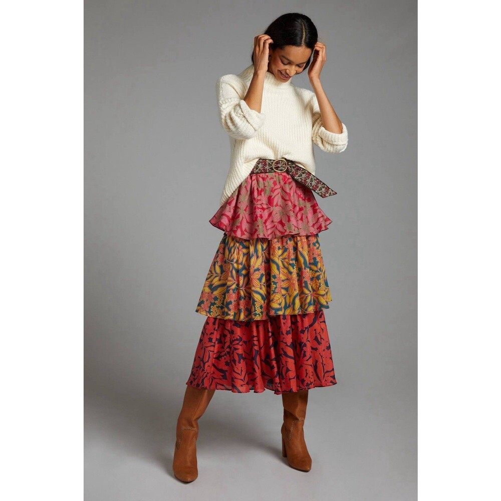 Anthropologie Swati Vijaivargie Floral Tiered Midi Skirt M Cotton Silk Boho